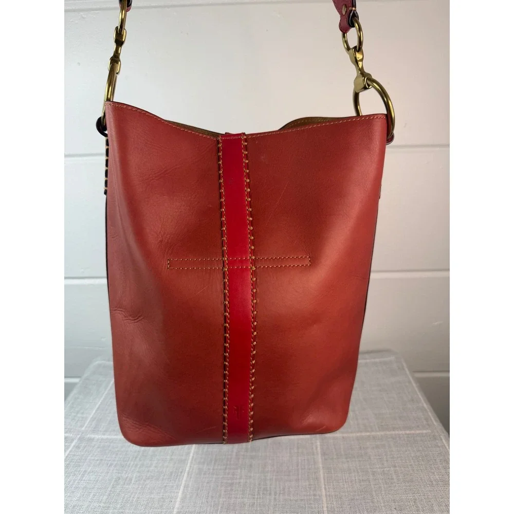 FRYE Ilana‎ Red Color Block Bucket Hobo Bag Purse RARE Boho Western
